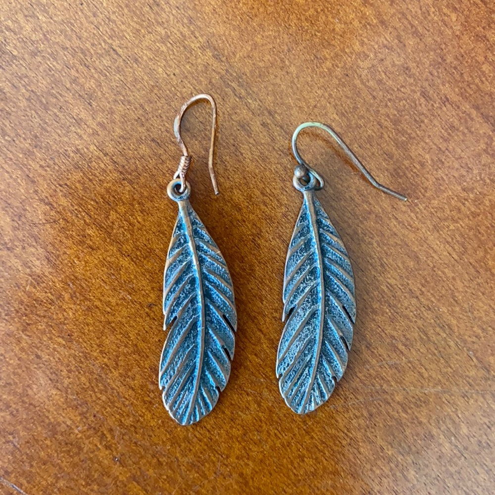 Bronzed metal feather earrings